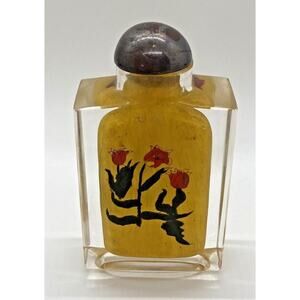 Antique Chinese Imperial Yellow Snuff Bottle Reverse Painted Tulips Qing Dynasty